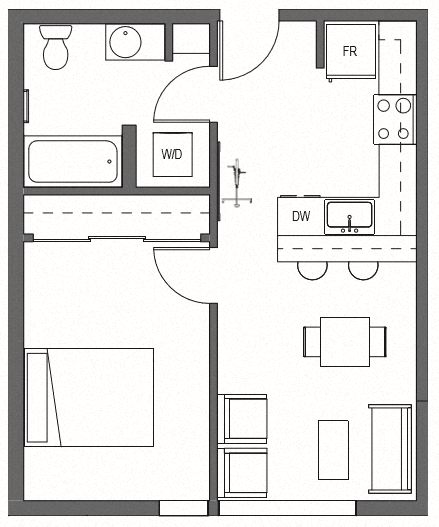 Floor plan for 1 bed, 1 bath, 543 sqft